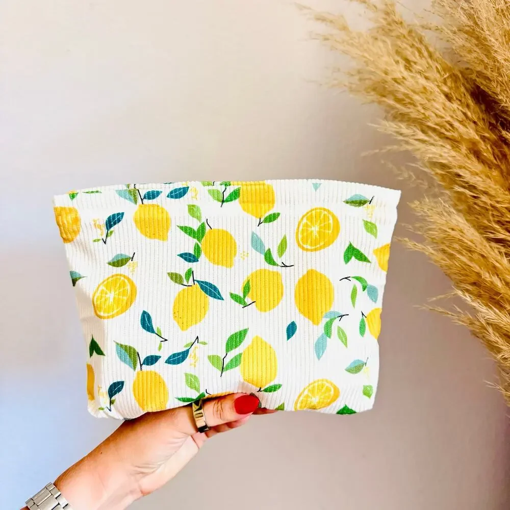NEW ANTHROPOLOGIE Cream Yellow Green Cord Lemon Fruit $68 Clutch Cosmetic Bag